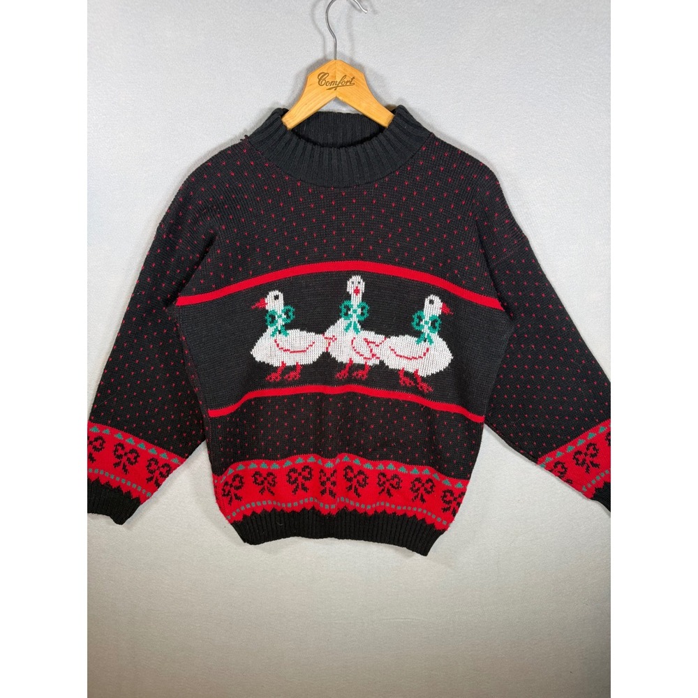 VTG Private Eyes Duck Bow Knit Christmas Sweater Black Mock Neck USA Women's M